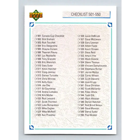 1991-92 Upper Deck #600 Checklist 501-600 NM-MT Hockey Card Image 1