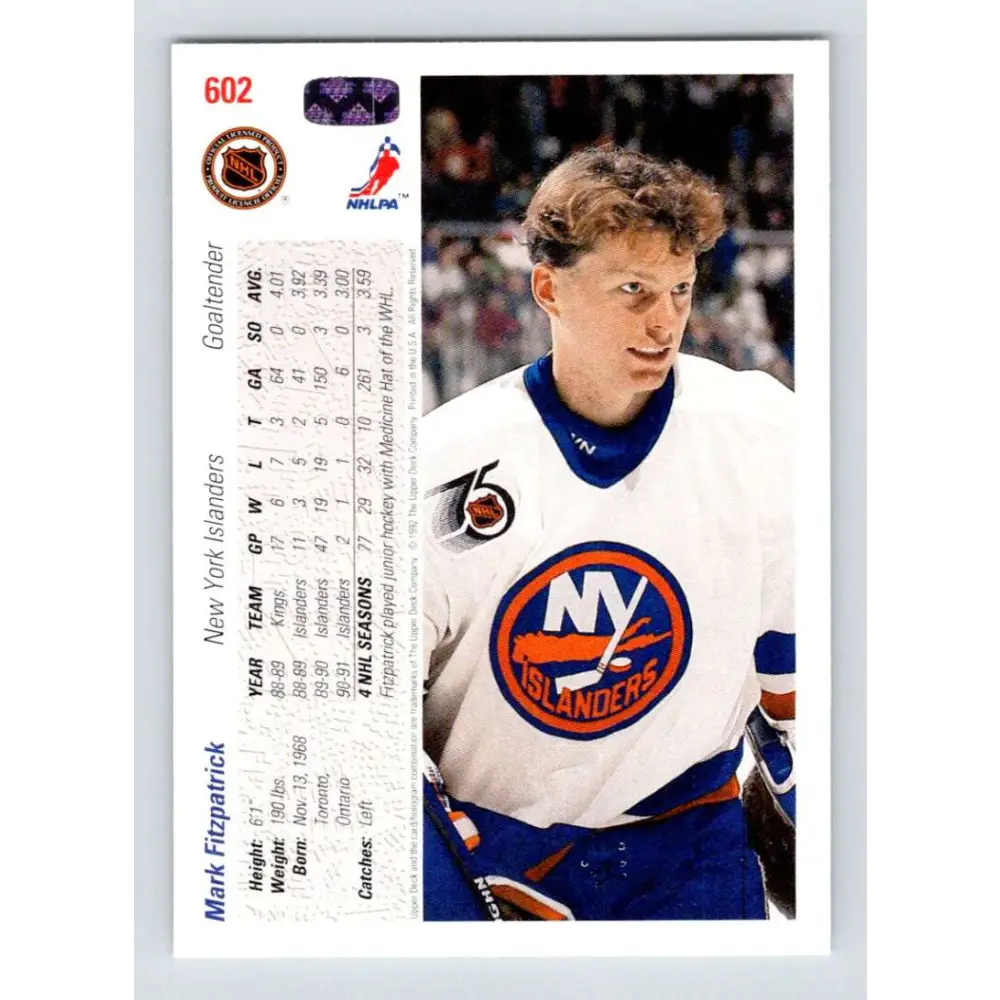 1991-92 Upper Deck #602 Mark Fitzpatrick NM-MT New York Islanders Hockey Card  Image 2