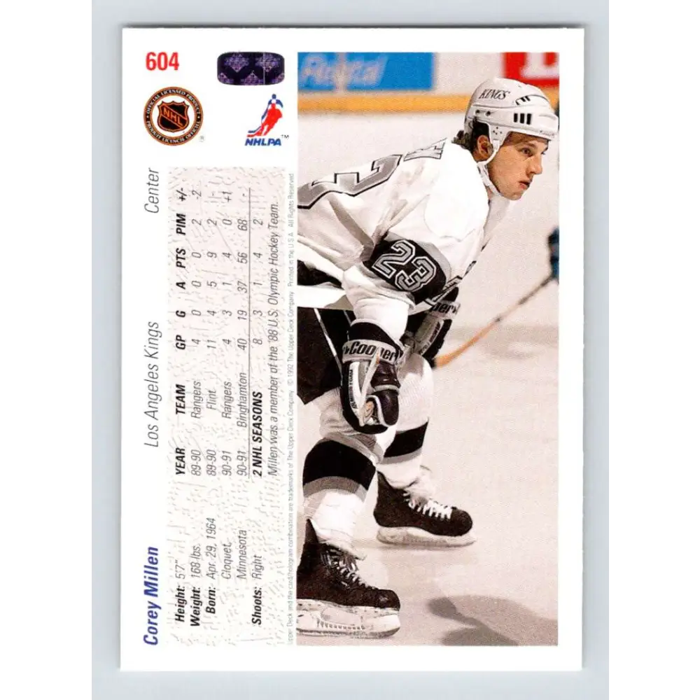 1991-92 Upper Deck #604 Corey Millen NM-MT Los Angeles Kings Hockey Card  Image 2