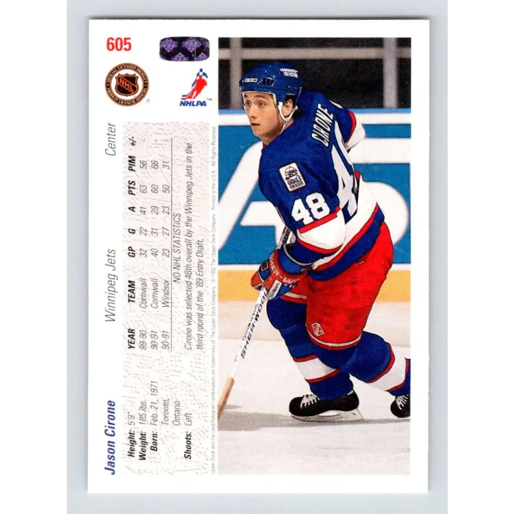 1991-92 Upper Deck #605 Jason Cirone NM-MT RC Rookie Winnipeg Jets Hockey Card  Image 2
