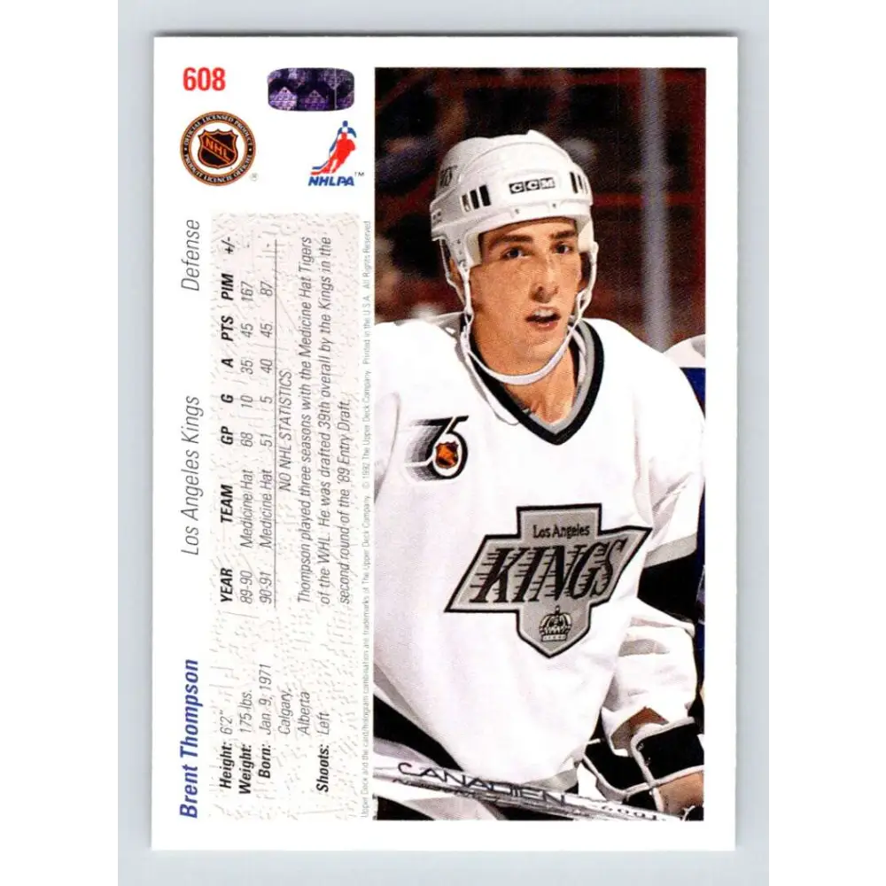 1991-92 Upper Deck #608 Brent Thompson NM-MT RC Rookie Los Angeles Kings Hockey Card  Image 2