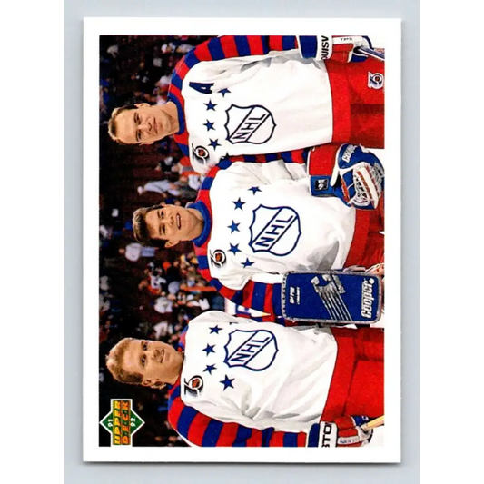 1991-92 Upper Deck #610 Brian Leetch/Mike Richter/Mark Messier NM-MT New York Rangers Hockey Card  Image 1