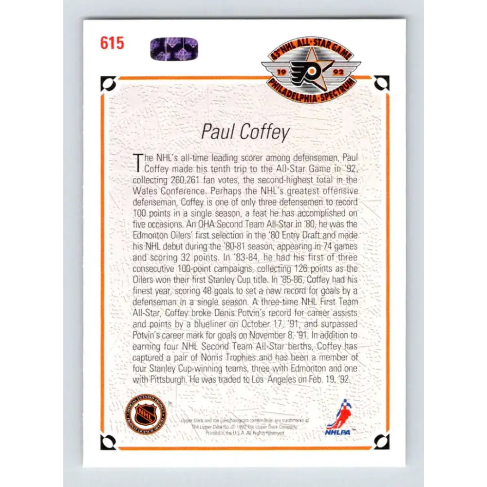 1991-92 Upper Deck #615 Paul Coffey AS NM-MT Pittsburgh Penguins Hockey Card Image 2