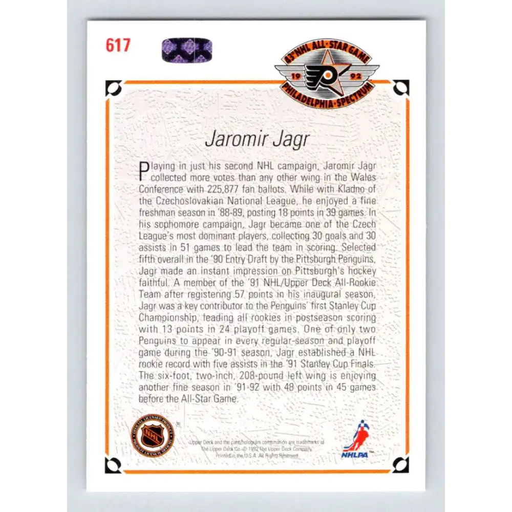 1991-92 Upper Deck #617 Jaromir Jagr NM-MT Pittsburgh Penguins Hockey Card  Image 2