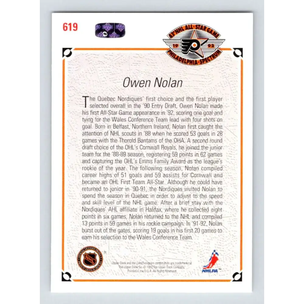 1991-92 Upper Deck #619 Owen Nolan NM-MT Quebec Nordiques Hockey Card  Image 2