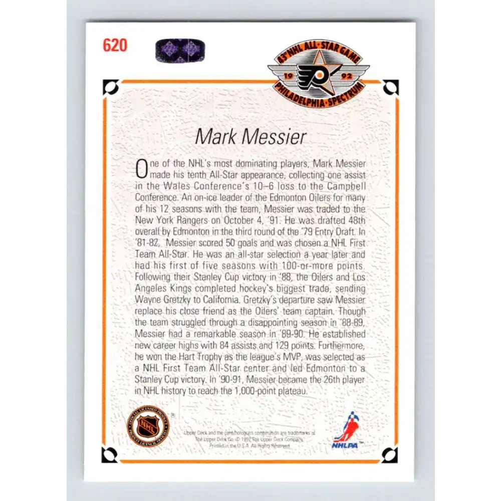 1991-92 Upper Deck #620 Mark Messier NM-MT New York Rangers Hockey Card  Image 2