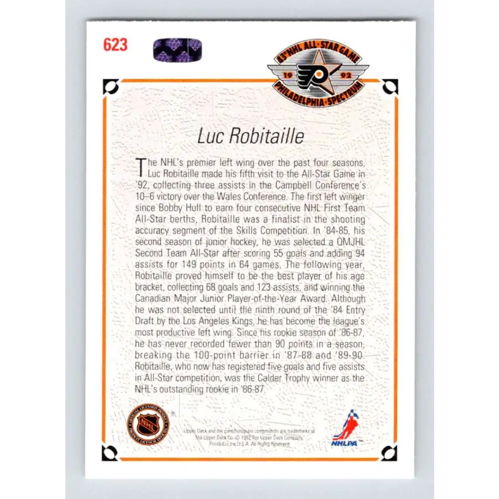 1991-92 Upper Deck #623 Luc Robitaille NM-MT Los Angeles Kings Hockey Card  Image 2