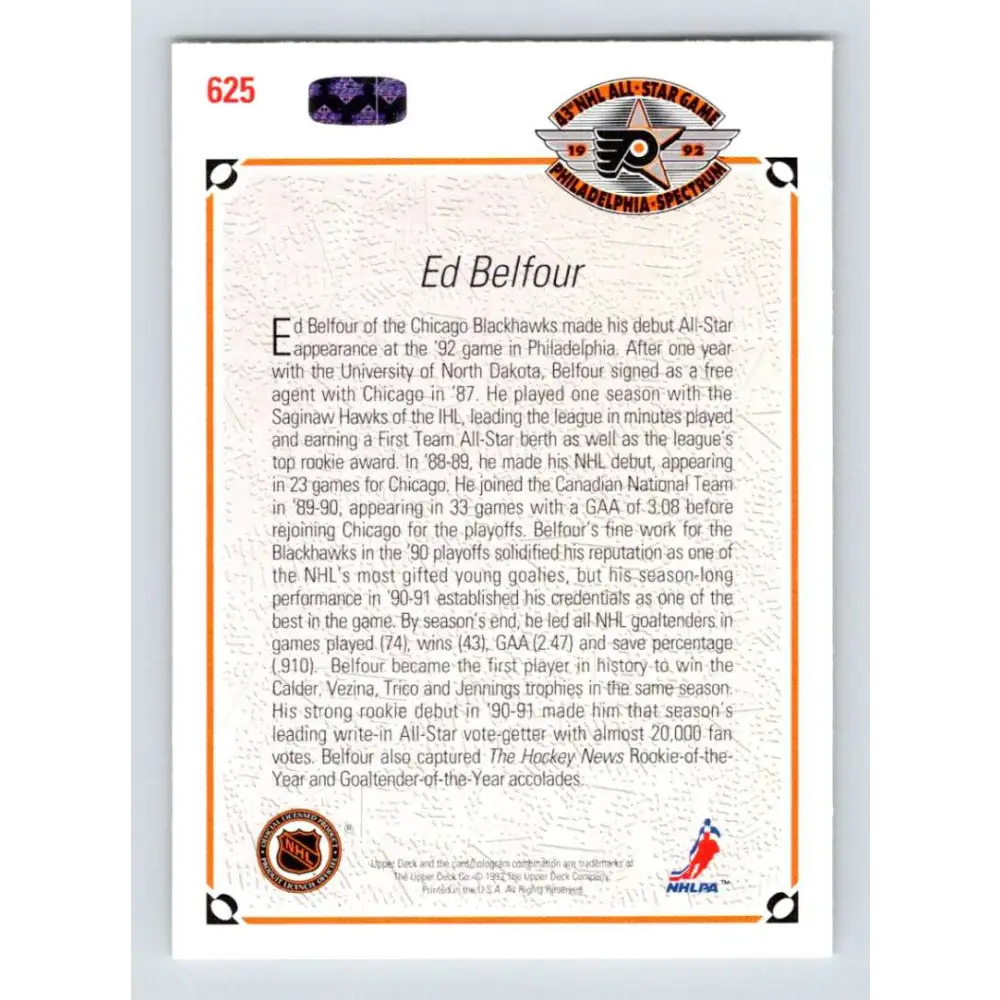 1991-92 Upper Deck #625 Ed Belfour NM-MT Chicago Blackhawks Hockey Card  Image 2