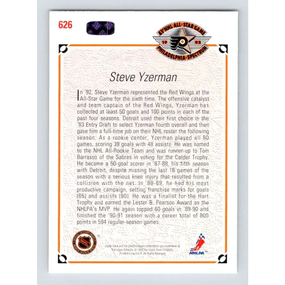 1991-92 Upper Deck #626 Steve Yzerman NM-MT Detroit Red Wings Hockey Card  Image 2