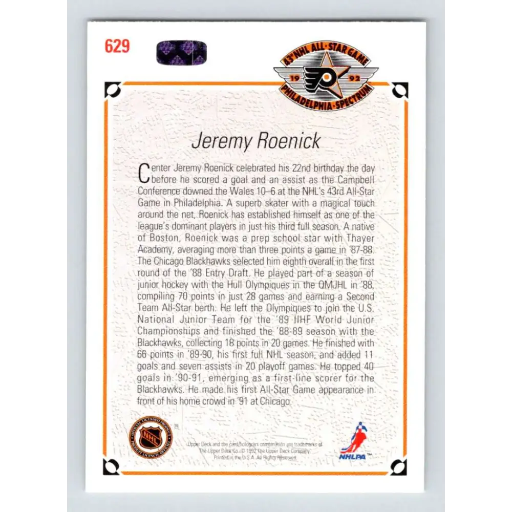 1991-92 Upper Deck #629 Jeremy Roenick AS NM-MT Chicago Blackhawks Hockey Card Image 2