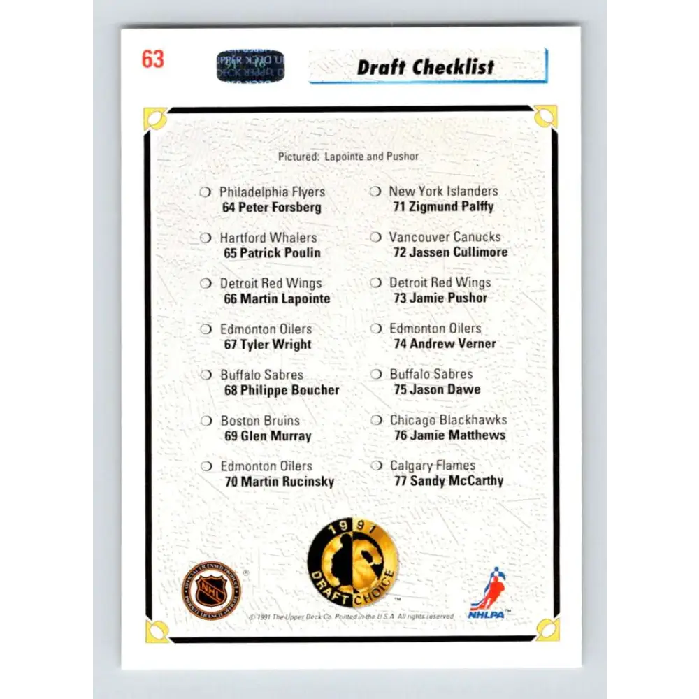 1991-92 Upper Deck #63 Martin Lapointe/Jamie Pushor NM-MT Detroit Red Wings Hockey Card Image 2