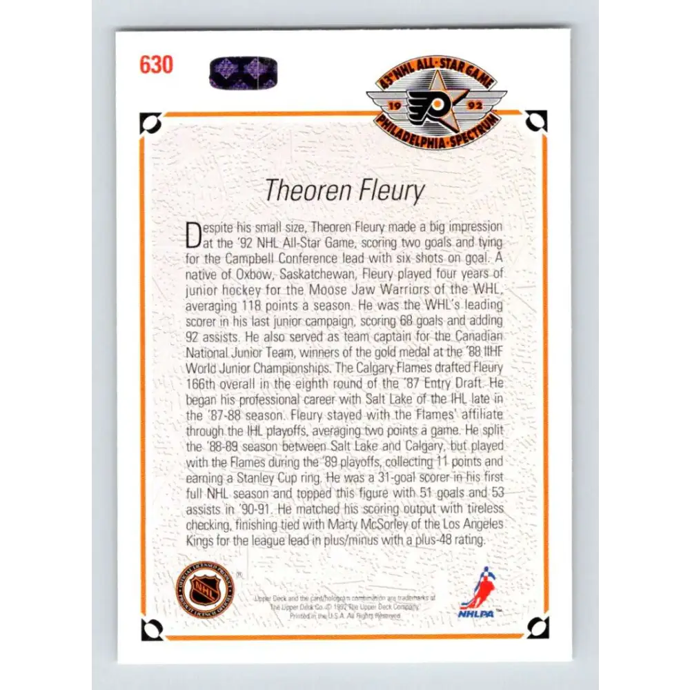 1991-92 Upper Deck #630 Theo Fleury AS NM-MT Calgary Flames Hockey Card Image 2