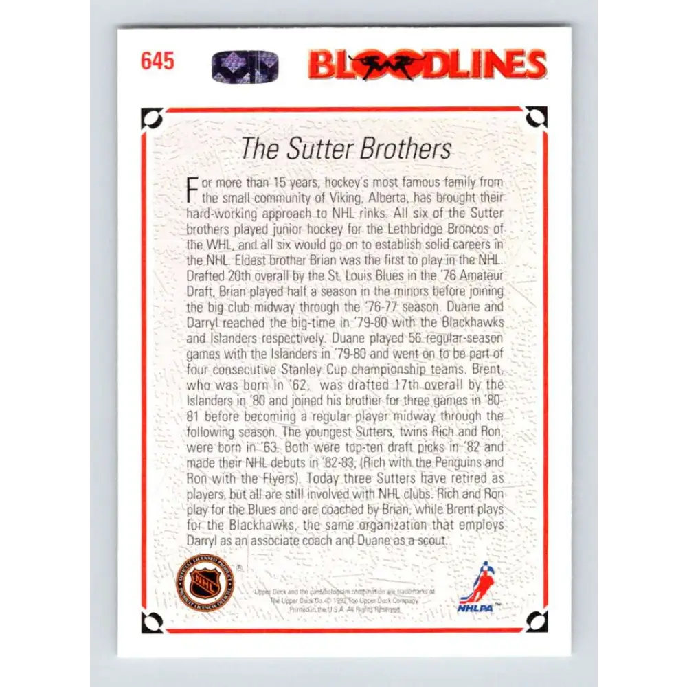 1991-92 Upper Deck #645 Darryl Sutter/Brent Sutter/Rich Sutter/Duane Sutter/Ron Sutter/Brian Sutter NM-MT St. Louis Blues Hockey Card Image 2