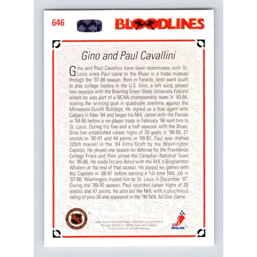 1991-92 Upper Deck #646 Paul Cavallini/Gino Cavallini NM-MT St. Louis Blues Hockey Card  Image 2