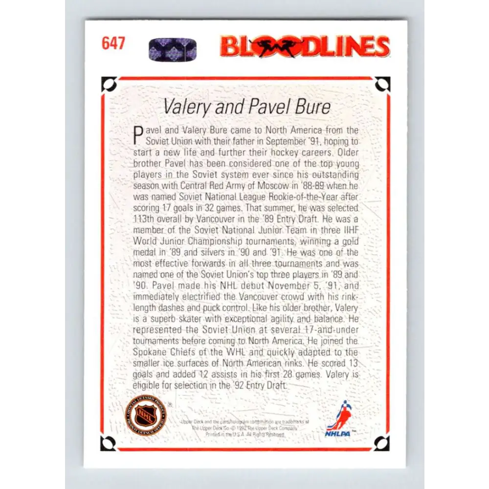 1991-92 Upper Deck #647 Pavel Bure/Valeri Bure NM-MT Vancouver Canucks Hockey Card  Image 2