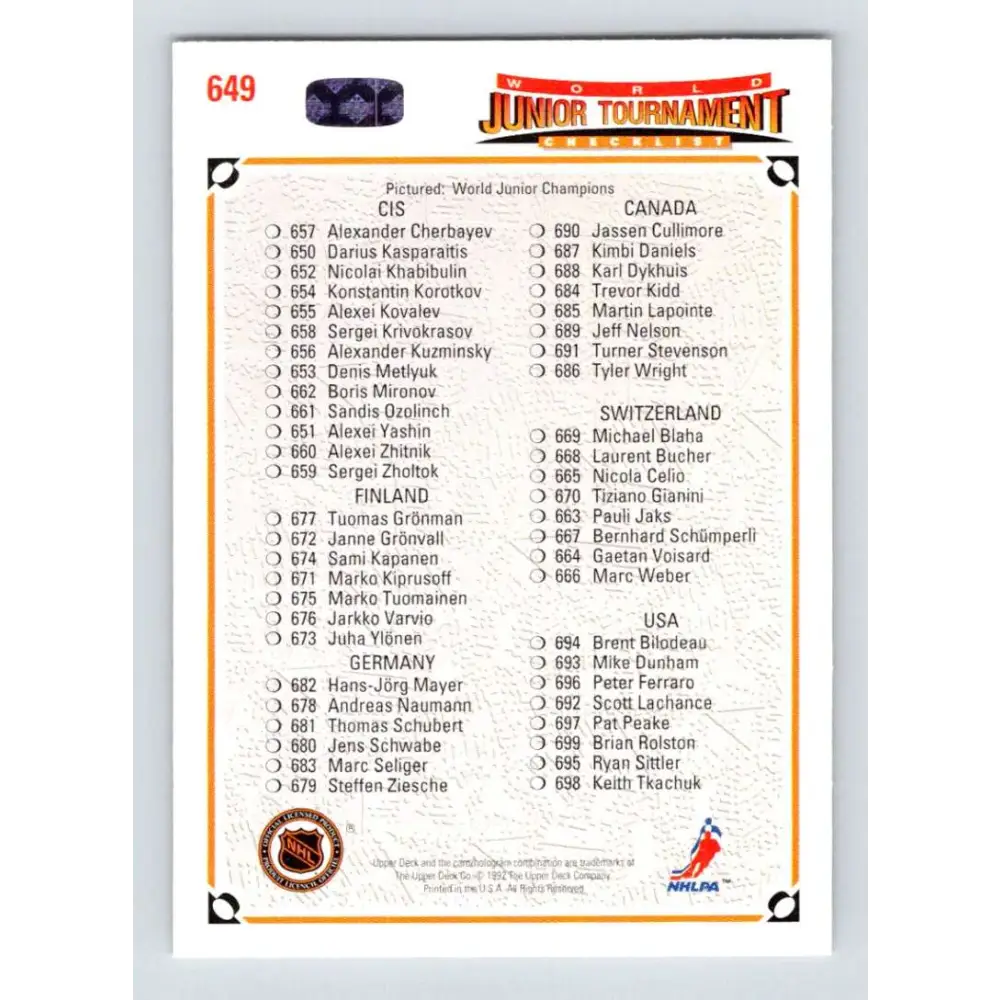 1991-92 Upper Deck #649 World Junior CCCP Team CL NM-MT Hockey Card Image 2