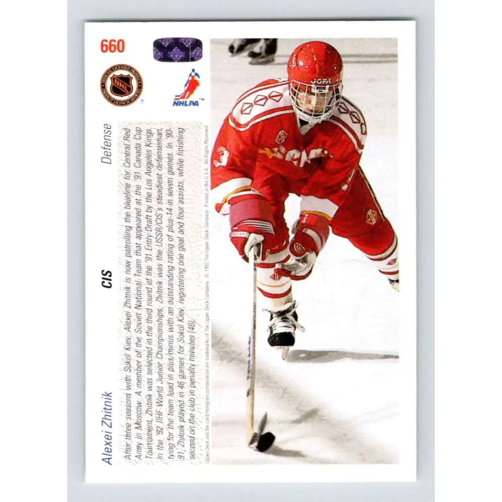 1991-92 Upper Deck #660 Alexei Zhitnik NM-MT RC Rookie Hockey Card  Image 2