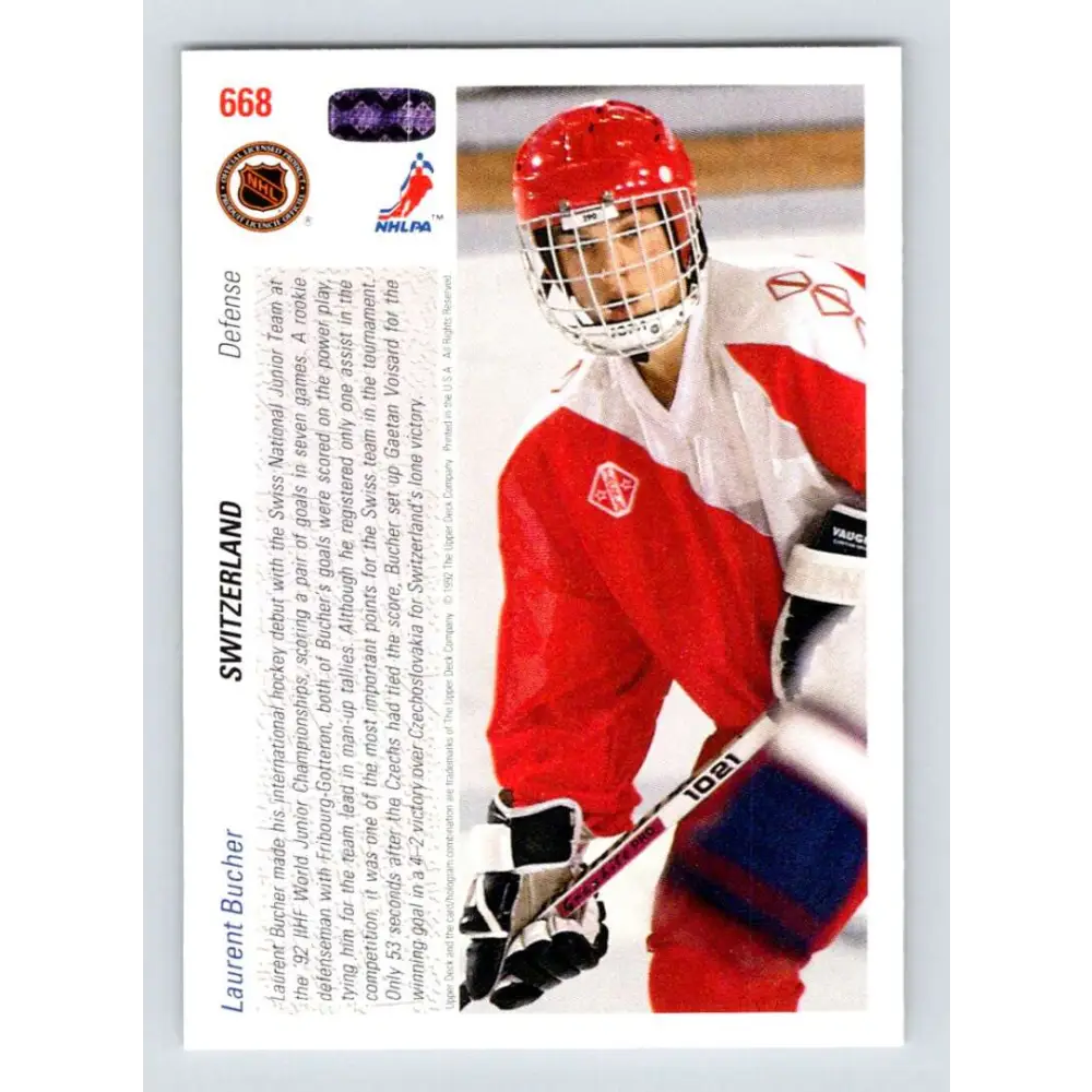 1991-92 Upper Deck #668 Laurent Bucher NM-MT RC Rookie Hockey Card Image 2