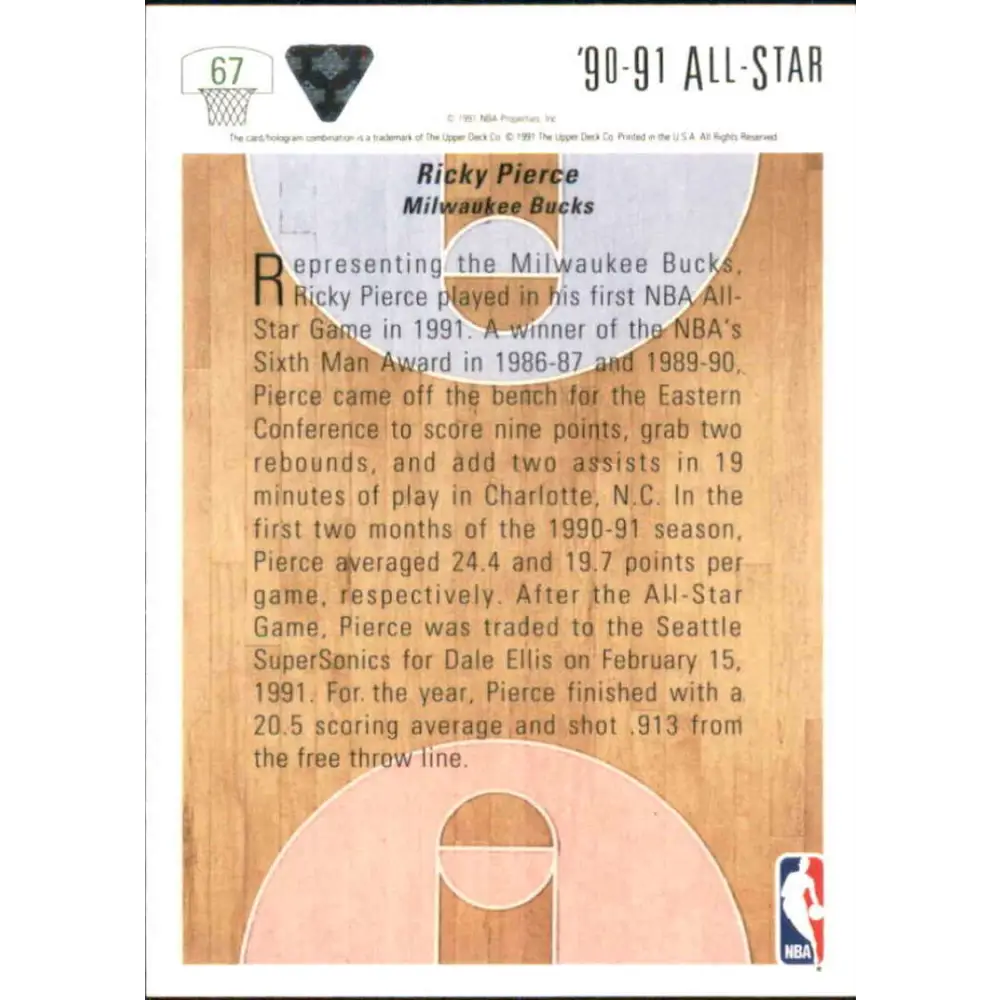 1991-92 Upper Deck #67 Ricky Pierce AS NM-MT Seattle SuperSonics Basketball Card Image 2