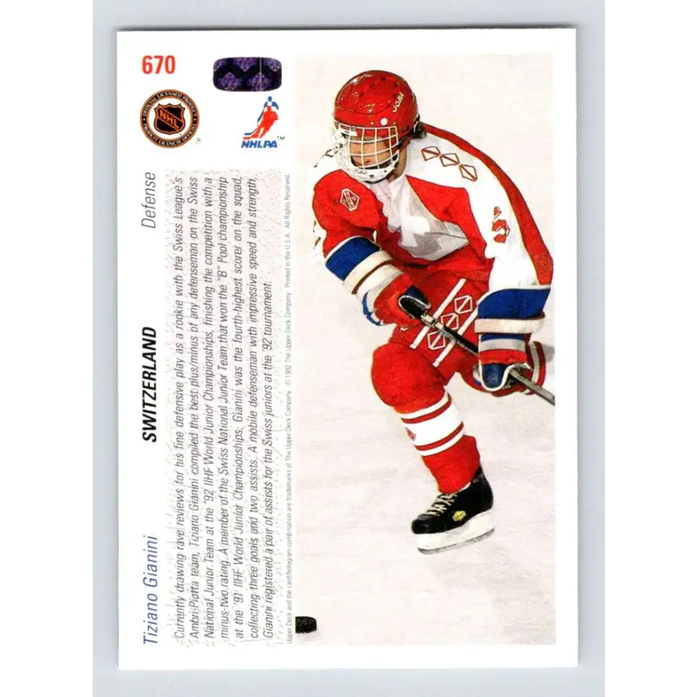 1991-92 Upper Deck #670 Tiziano Gianini NM-MT RC Rookie Hockey Card  Image 2