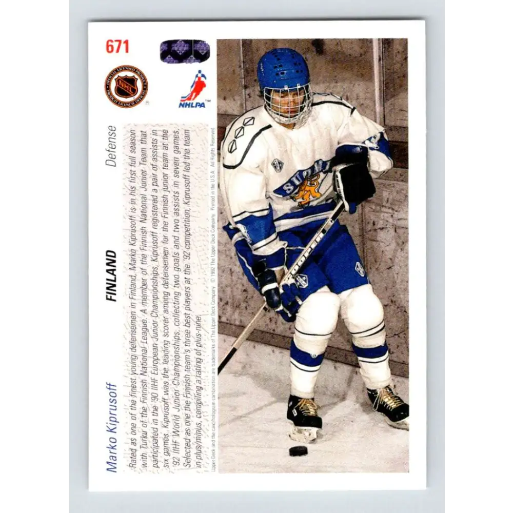 1991-92 Upper Deck #671 Marko Kiprusoff NM-MT RC Rookie Hockey Card  Image 2