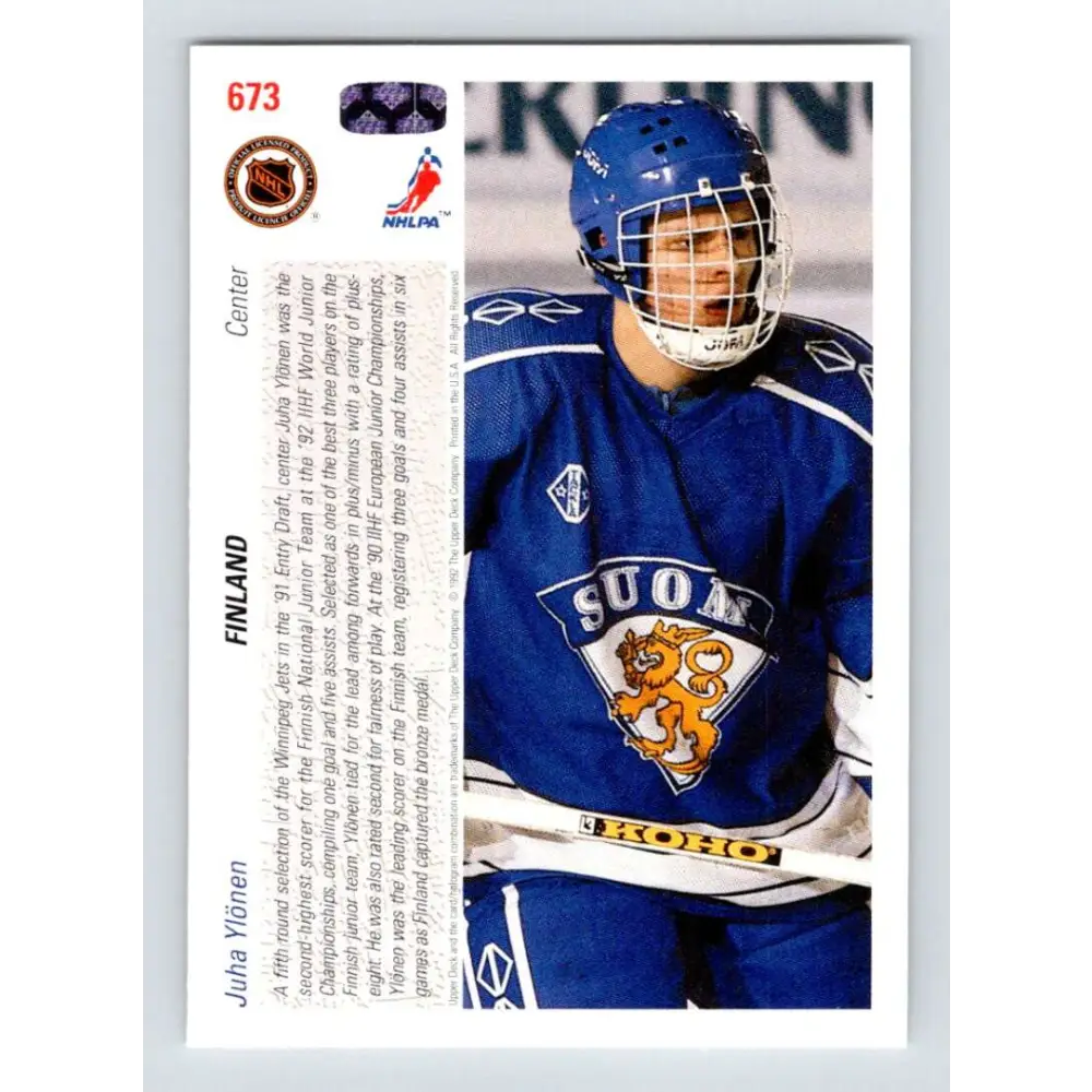 1991-92 Upper Deck #673 Juha Ylonen NM-MT RC Rookie Hockey Card  Image 2