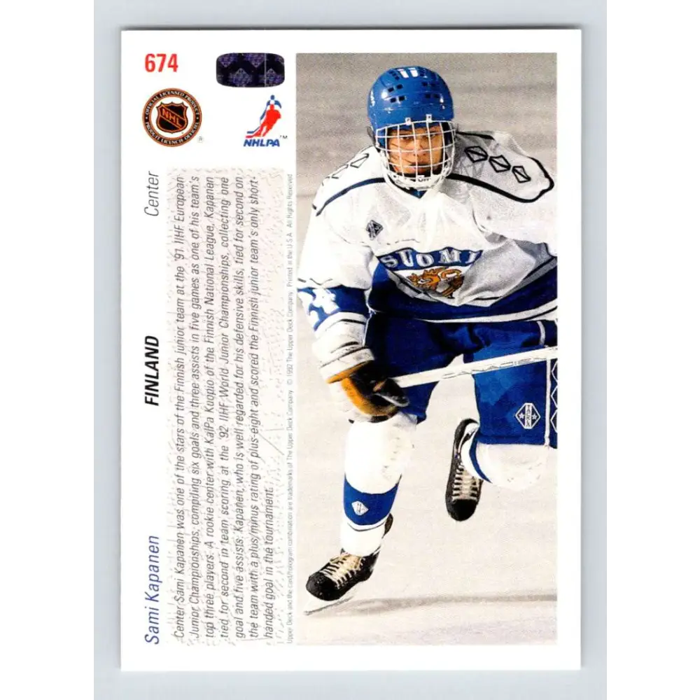1991-92 Upper Deck #674 Sami Kapanen NM-MT RC Rookie Hockey Card  Image 2