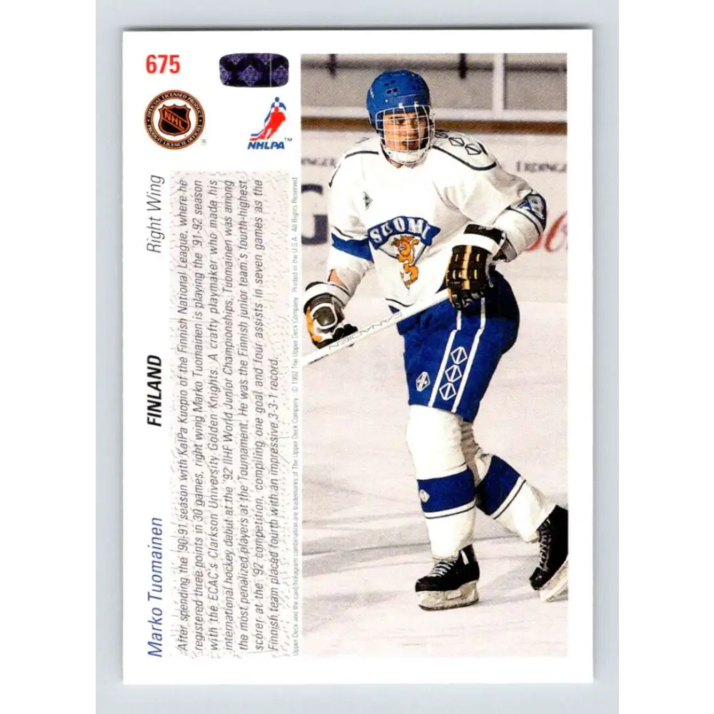 1991-92 Upper Deck #675 Marko Tuomainen NM-MT RC Rookie Hockey Card  Image 2