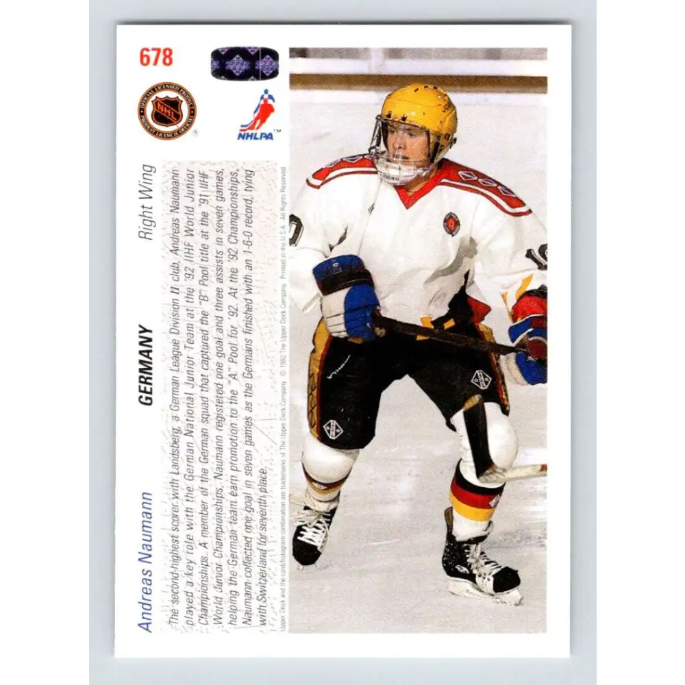 1991-92 Upper Deck #678 Andreas Naumann NM-MT RC Rookie Hockey Card  Image 2