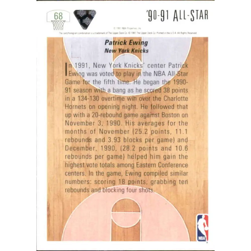 1991-92 Upper Deck #68 Patrick Ewing AS NM-MT New York Knicks Basketball Card Image 2