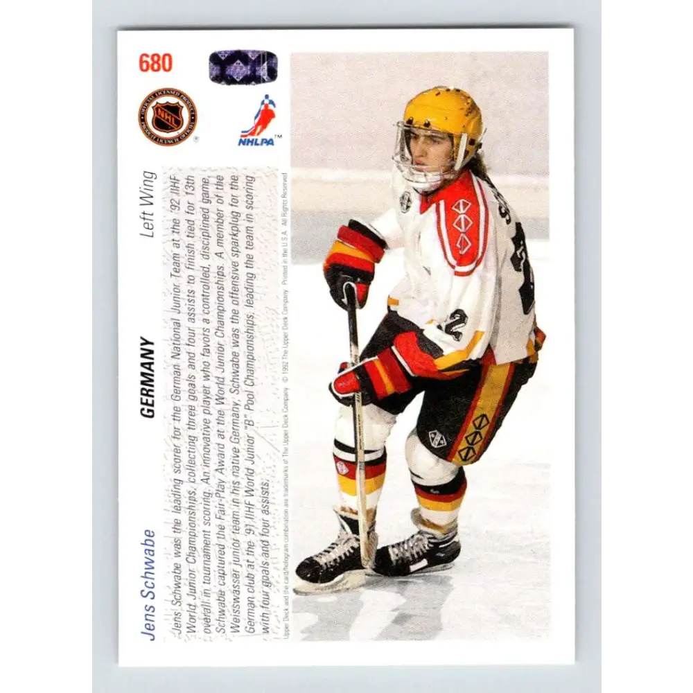 1991-92 Upper Deck #680 Jens Schwabe NM-MT RC Rookie Hockey Card  Image 2