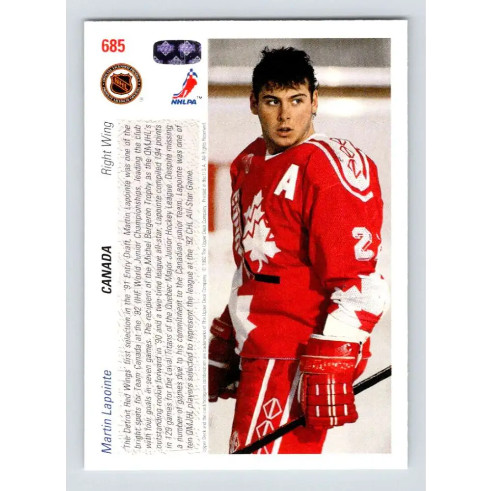1991-92 Upper Deck #685 Martin Lapointe NM-MT RC Rookie Detroit Red Wings Hockey Card Image 2