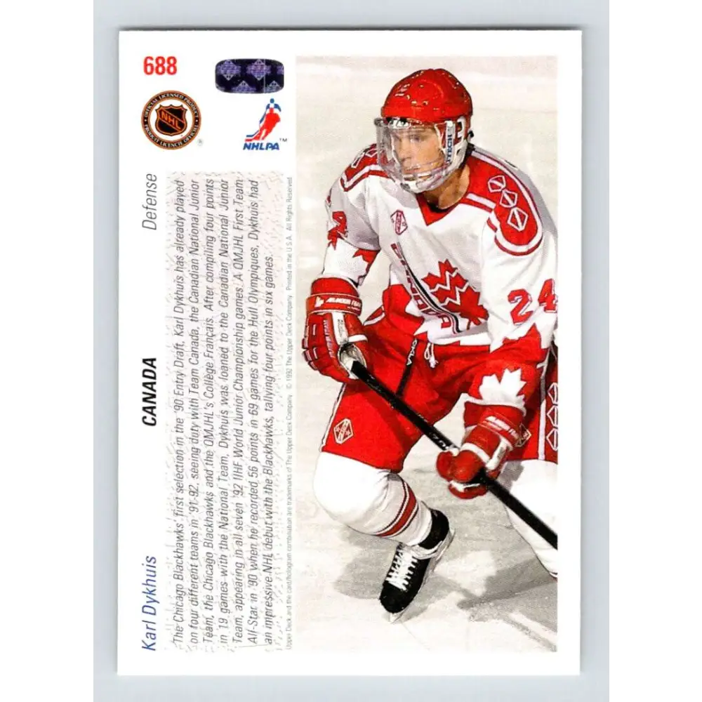 1991-92 Upper Deck #688 Karl Dykhuis NM-MT RC Rookie Chicago Blackhawks Hockey Card Image 2