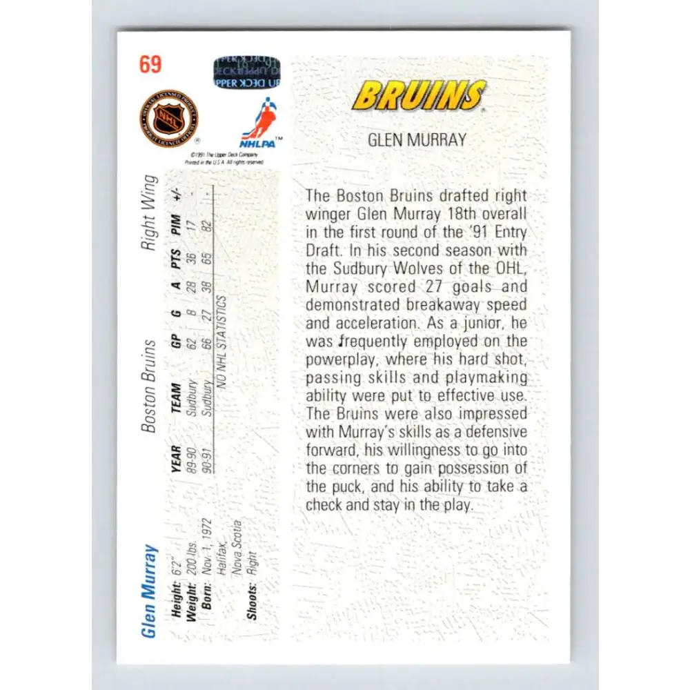 1991-92 Upper Deck #69 Glen Murray NM-MT RC Rookie Boston Bruins Hockey Card Image 2