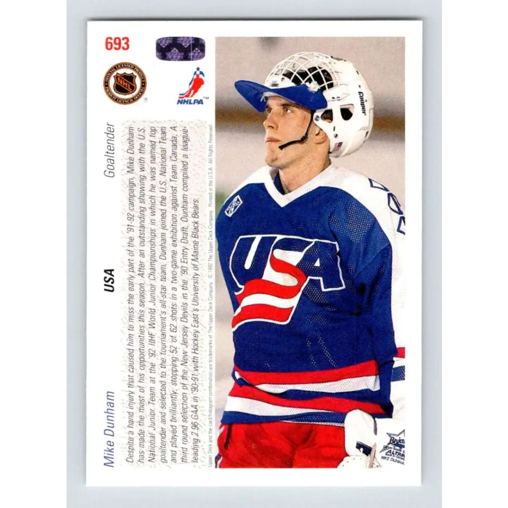 1991-92 Upper Deck #693 Mike Dunham NM-MT RC Rookie Hockey Card Image 2