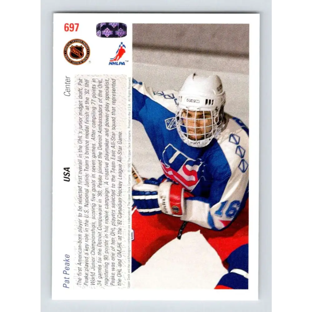 1991-92 Upper Deck #697 Pat Peake NM-MT RC Rookie Hockey Card  Image 2