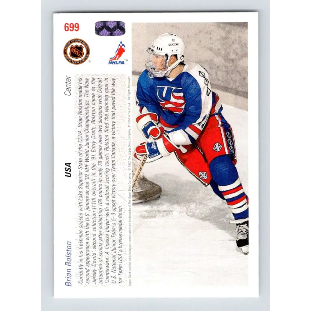 1991-92 Upper Deck #699 Brian Rolston NM-MT RC Rookie Hockey Card  Image 2