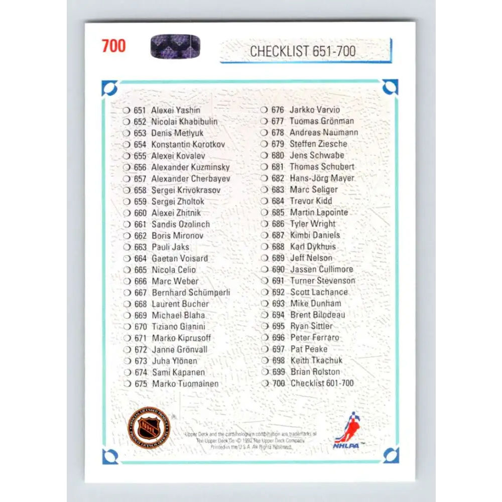 1991-92 Upper Deck #700 Checklist 601-700 NM-MT Hockey Card  Image 2