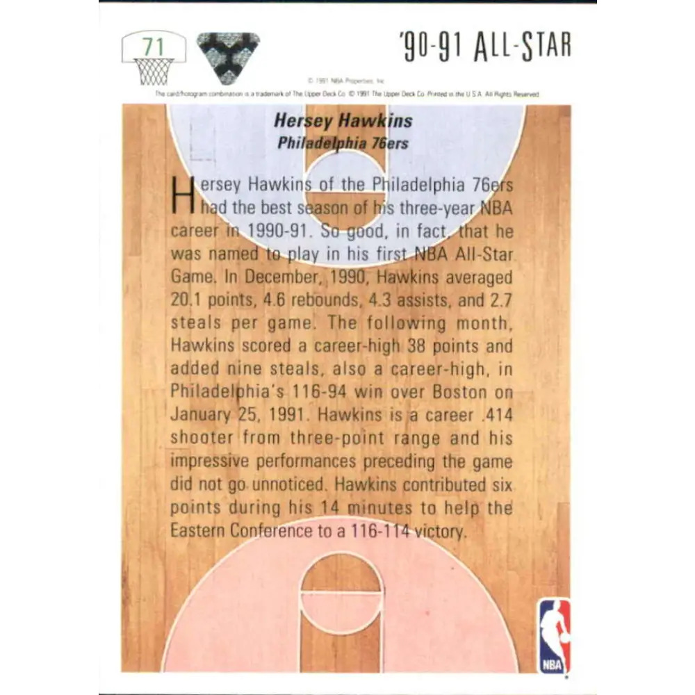 1991-92 Upper Deck #71 Hersey Hawkins AS NM-MT Philadelphia 76ers Basketball Card Image 2