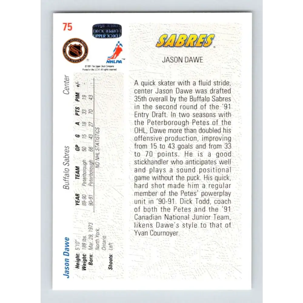 1991-92 Upper Deck #75 Jason Dawe NM-MT RC Rookie Hockey Card Image 2