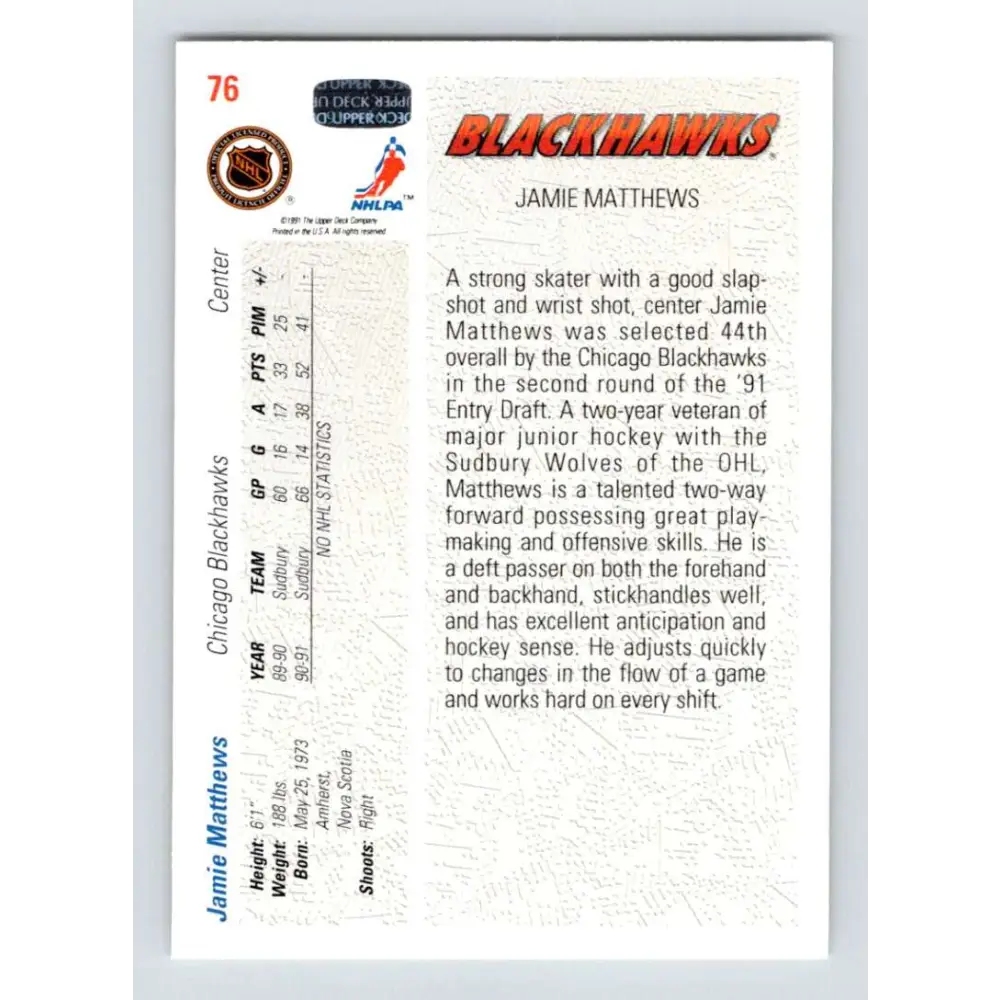 1991-92 Upper Deck #76 Jamie Matthews NM-MT RC Rookie Hockey Card Image 2