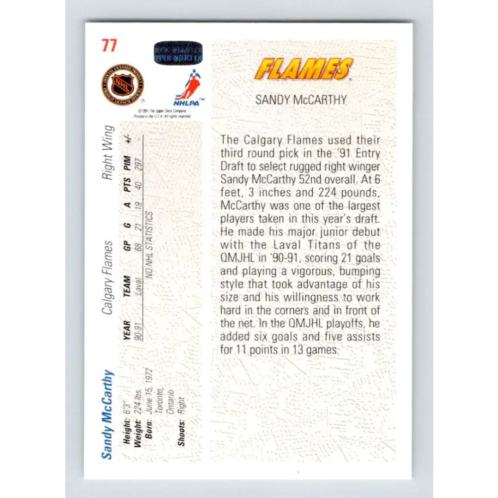 1991-92 Upper Deck #77 Sandy McCarthy NM-MT RC Rookie Hockey Card Image 2