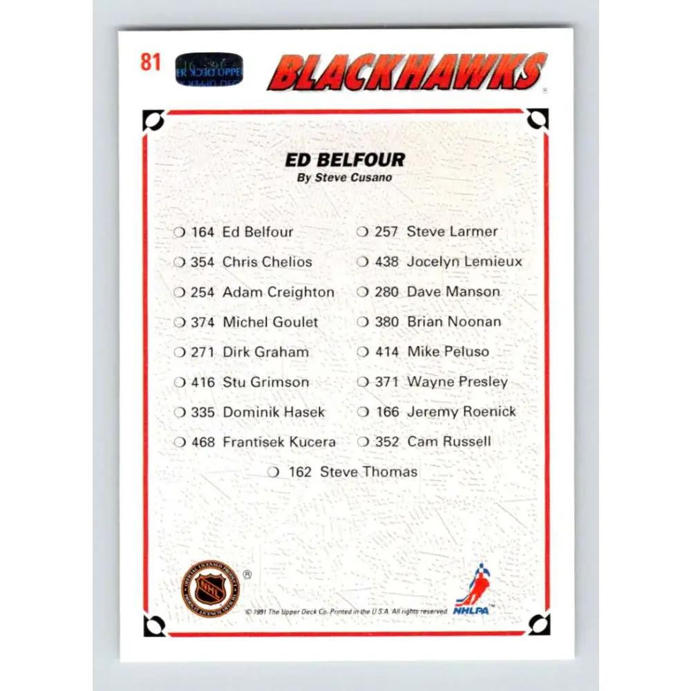 1991-92 Upper Deck #81 Ed Belfour TC NM-MT Chicago Blackhawks Hockey Card Image 2