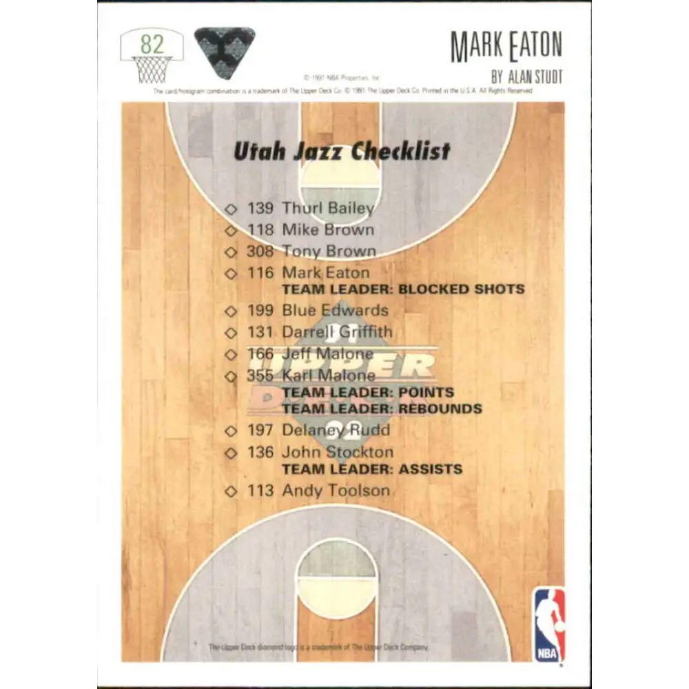 1991-92 Upper Deck #82 Mark Eaton TC NM-MT Utah Jazz Basketball Card Image 2
