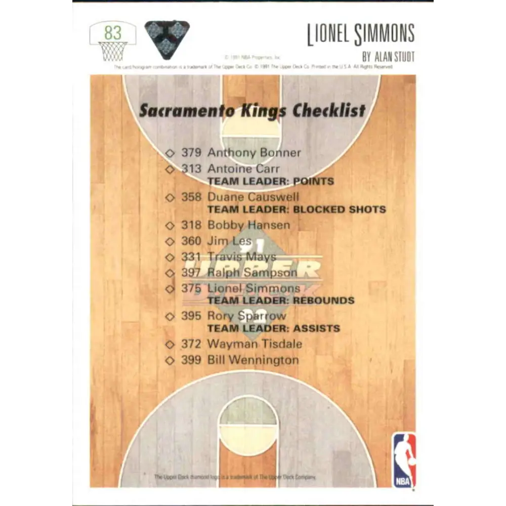 1991-92 Upper Deck #83 Lionel Simmons TC NM-MT Sacramento Kings Basketball Card Image 2
