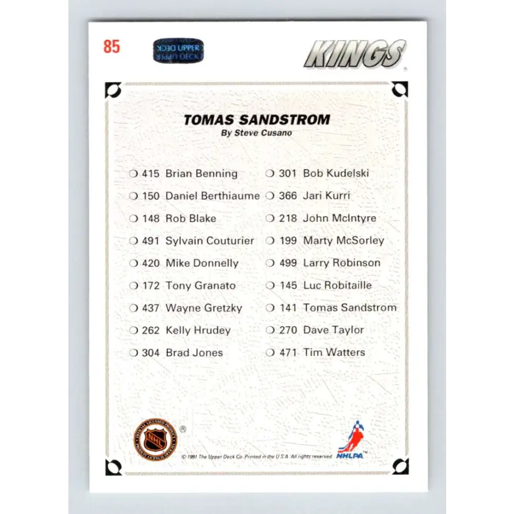 1991-92 Upper Deck #85 Tomas Sandstrom NM-MT Los Angeles Kings Hockey Card Image 2