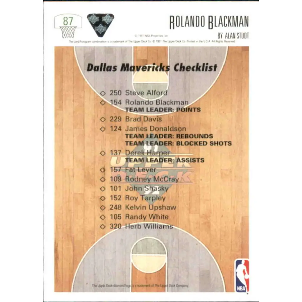 1991-92 Upper Deck #87 Rolando Blackman TC NM-MT Dallas Mavericks Basketball Card Image 2