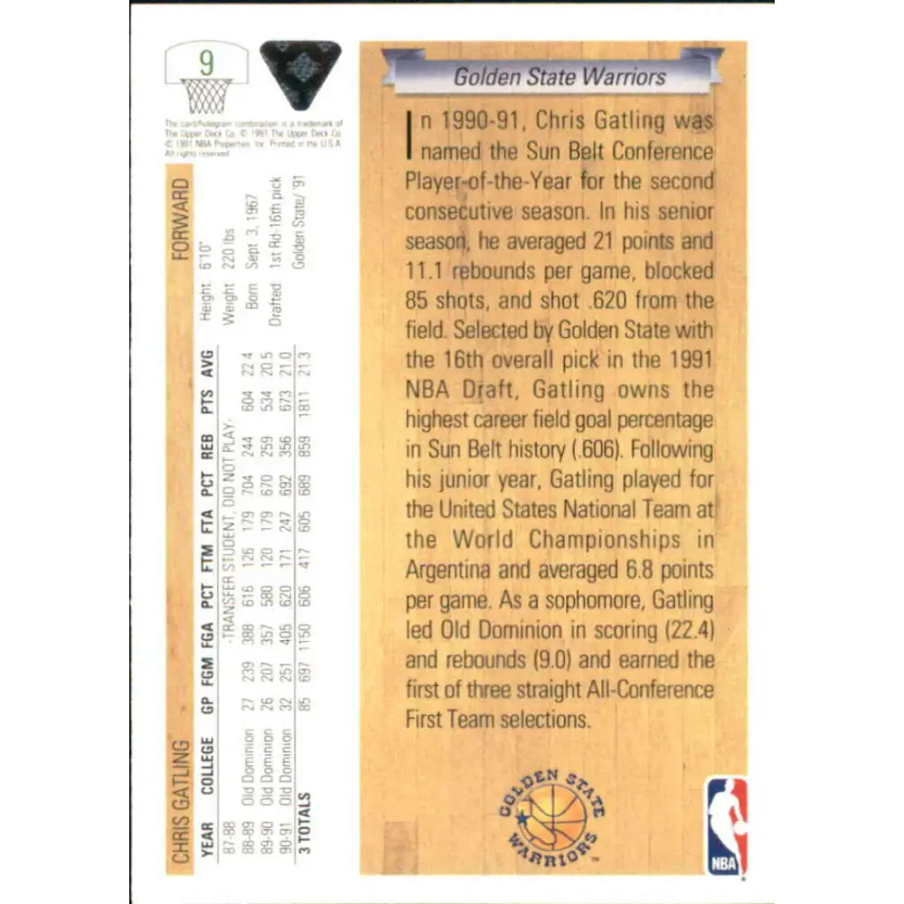 1991-92 Upper Deck #9 Chris Gatling NM-MT RC Rookie Golden State Warriors Basketball Card Image 2