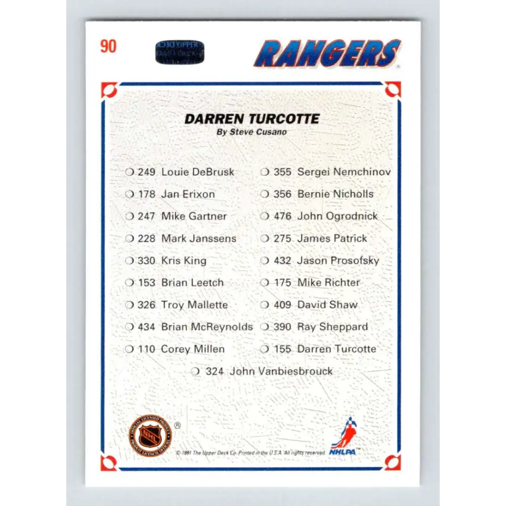 1991-92 Upper Deck #90 Darren Turcotte NM-MT New York Rangers Hockey Card Image 2