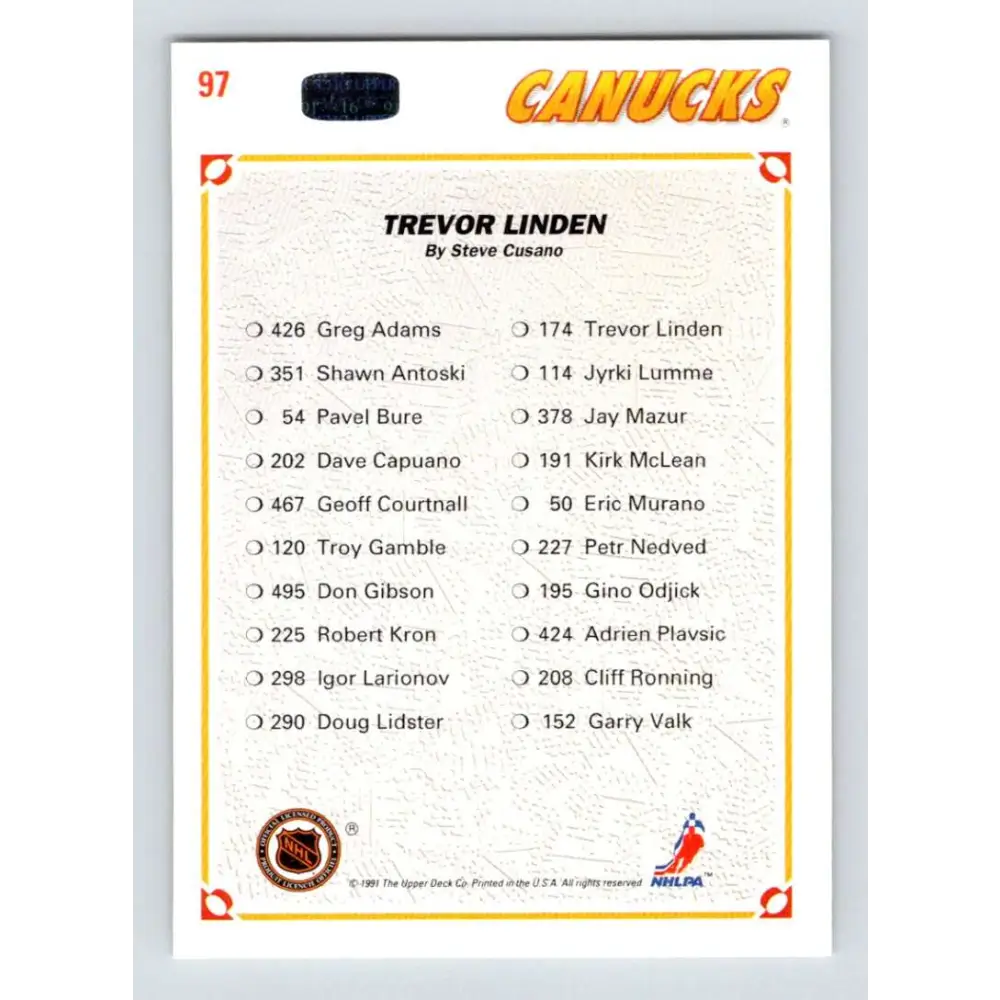 1991-92 Upper Deck #97 Trevor Linden TC NM-MT Vancouver Canucks Hockey Card Image 2